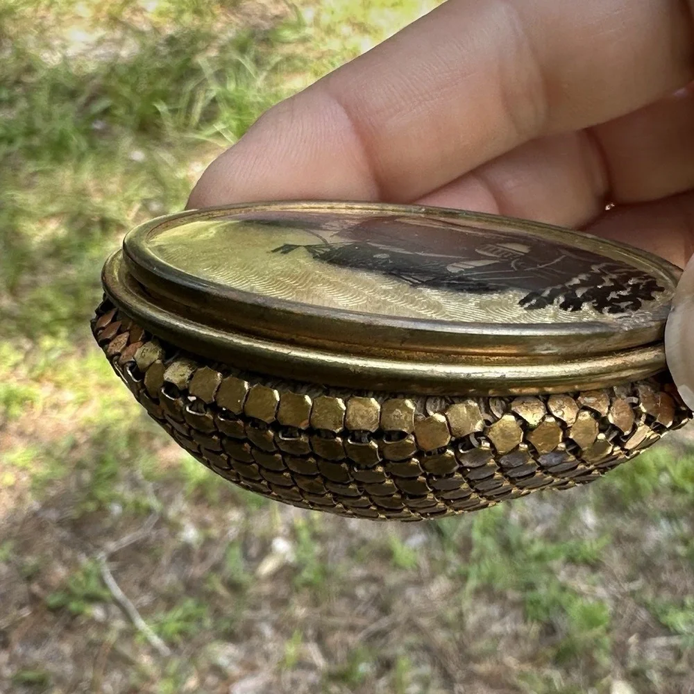 VTG Galleon Ship Powder Compact Gold Tone Guilloché Foil Nautical Vanity Compact